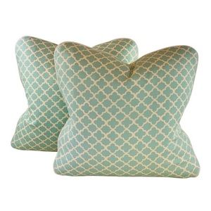 PR 16” P Kaufmann Waverly Aqua Turquoise Cream Fretwork Geometric Pillow Covers